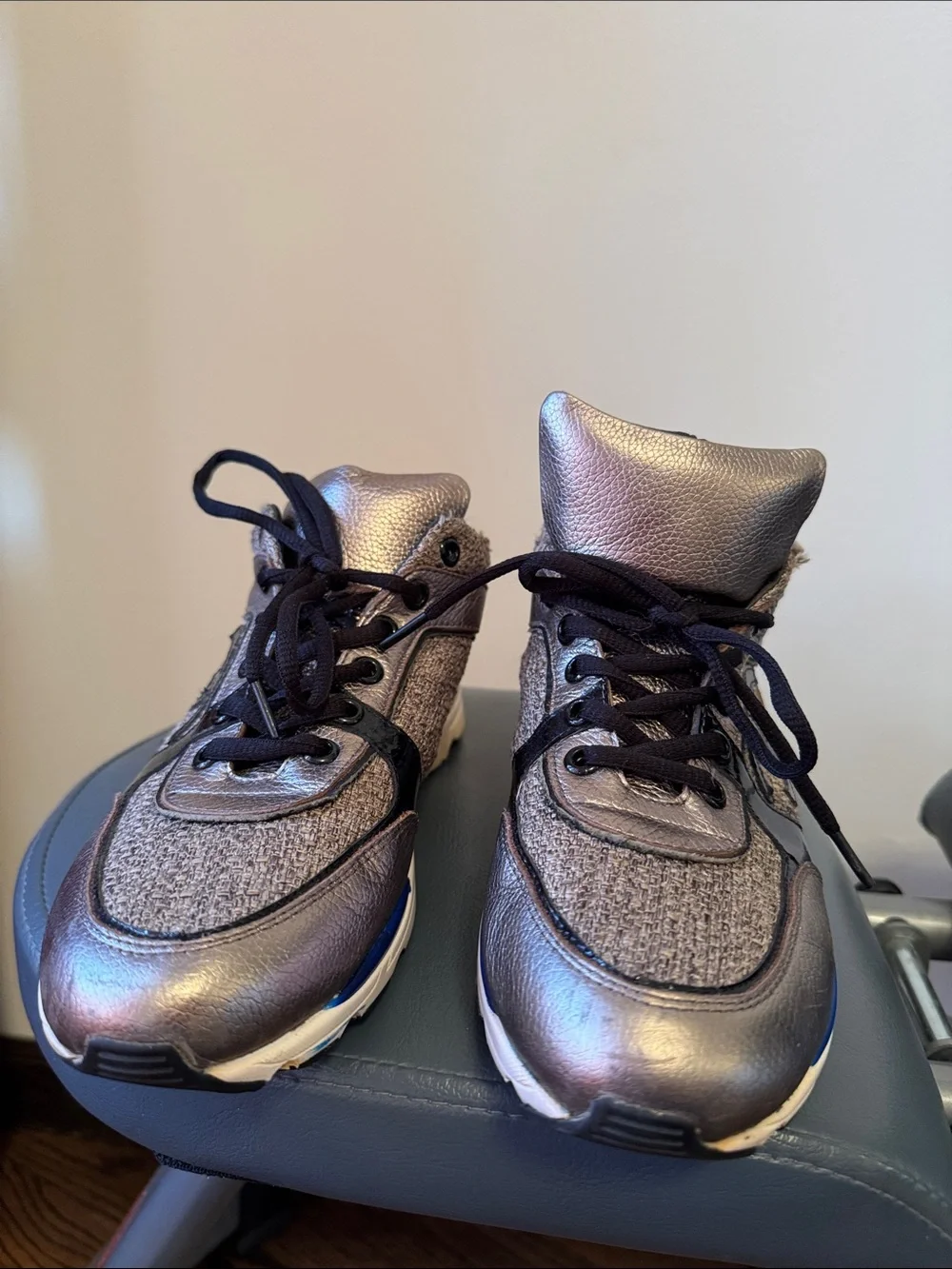CHANEL Metallic bronze and Black leather and jacquard  Lace-Up Sneakers. Size 38